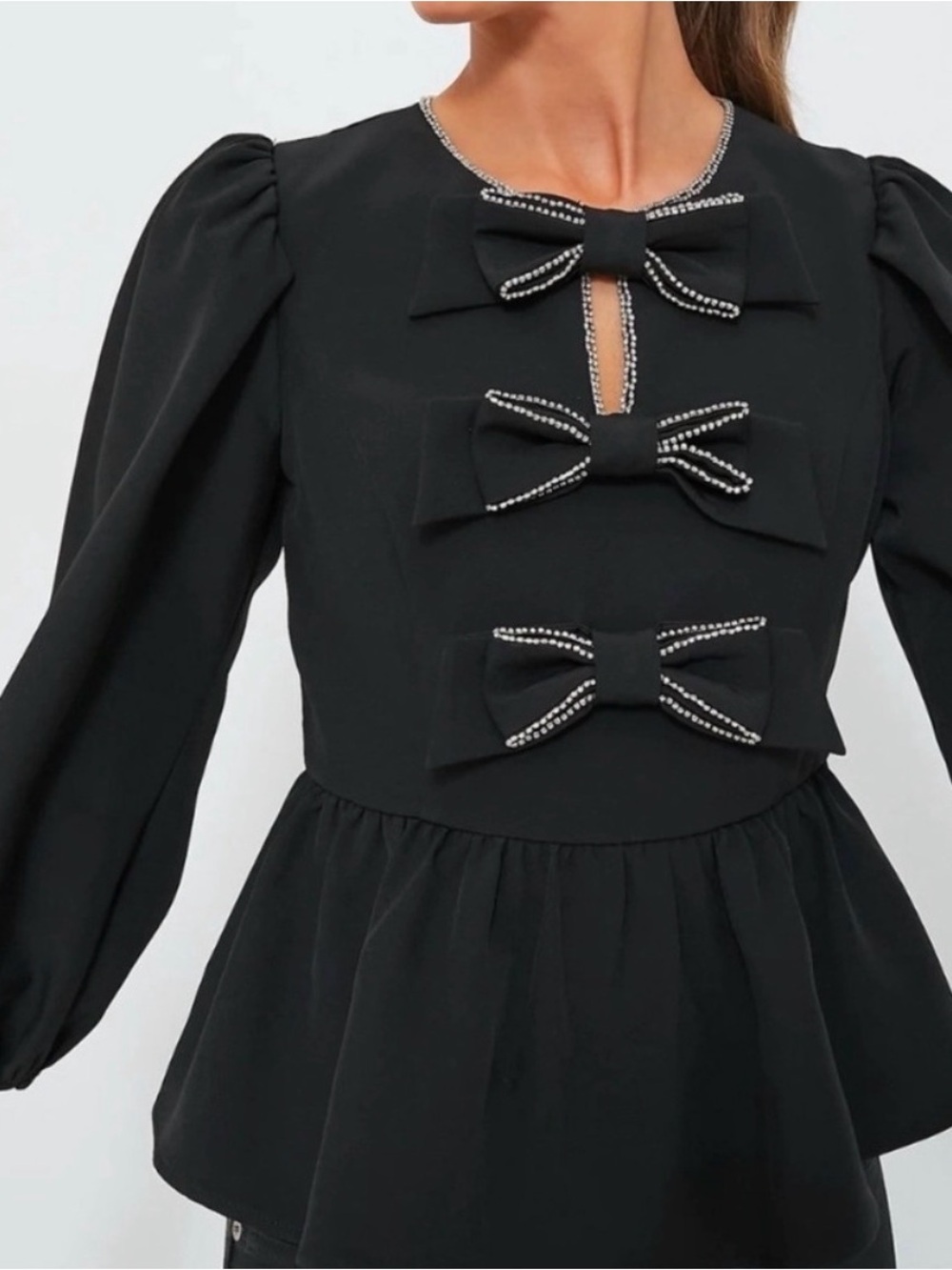 Women’s Black Bow-Trim Long Sleeve Top